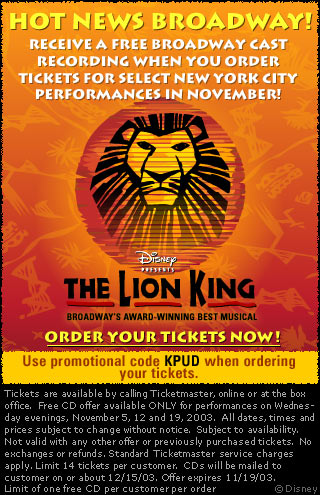 Hot news Broadway! Receive a free Broadway cast recording. Use promotional code KPUD.